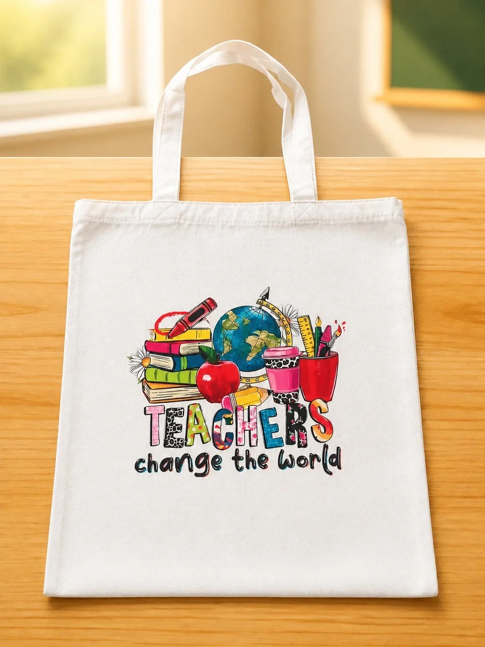 Teachers Change the World Canvas Tote - Cream with Colorful Print